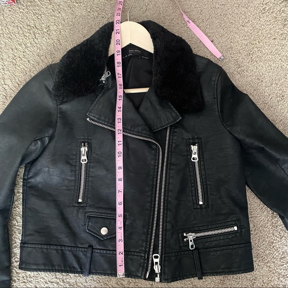 Zara Black Faux Fur Leather Aviator Cropped Jacket Size Large - Picture 7 of 11
